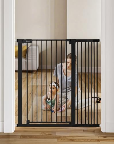 COMOMY 107 cm Extra Hoch Türschutzgitter, 75-110 cm Breit Treppenschutzgitter ohne Bohren, Türgitter für Baby, Kinder, Hund und Katze, Metall, Automatisches Schließen, 90°Stop (Schwarz)