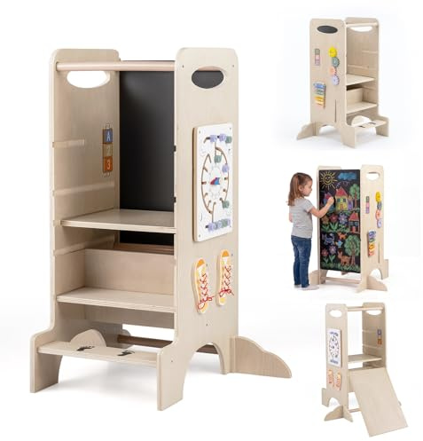 COSTWAY Torre Montessoriana in Legno Bambini, Torre di Apprendimento 3 Altezze Regolabili con Giochi Educativi e Lavagna, Corrimano Sicurezza e Piedini Antiribaltamento, per Cucina e Bagno