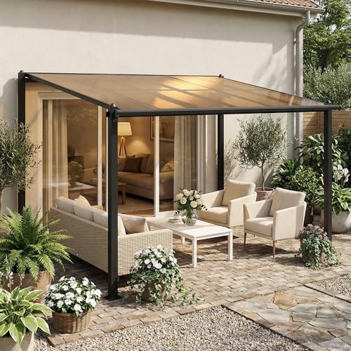 Outsunny Anbaupergola 3,8 x 3 m mit wasserdichtem Polycarbonat-Dach, Aluminiumgestell, festem Vordach mit integrierten Regenrinnen, robuster Außenbeschattung, dunkelgrau