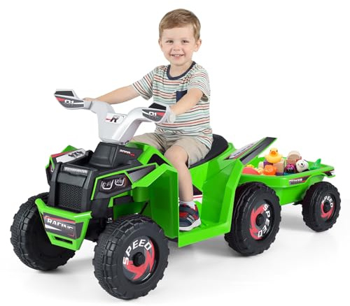 GYMAX Kids Electric Quad Bike, 6V Battery Powered Toy Car with Removable Trailer and Forward/Backward/Reverse Button, Children Ride on ATV for 3+ Years Old (Green)