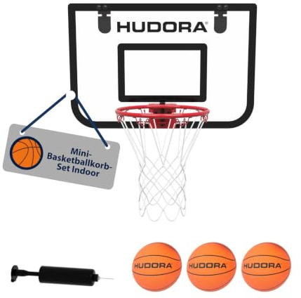 HUDORA Mini-Basketballkorb-Set Indoor – Set mit 3 Bällen und Ballpumpe – Basketballkorb fürs Zimmer/Büro – Federring und PVC Backboard – mit Türaufhängung – für Kinderzimmer oder Wohnung