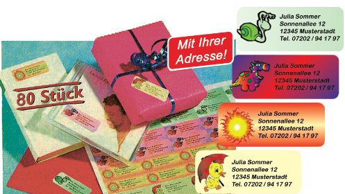 Geschenke mit Namen Motiv-Etiketten mit Ihrem Wunschtext, 80 Stück, ca. 56 x 23 mm, bis zu 5 Zeilen Text, 4 verschiedene Motive