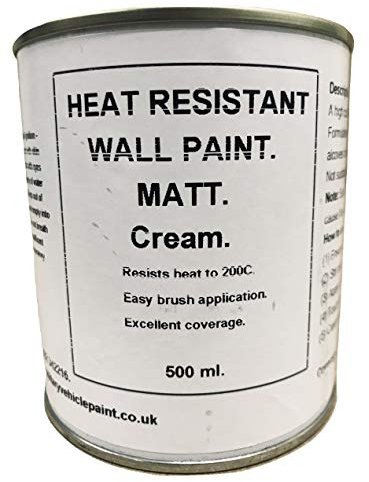 1 x 500ml Matt Cream Heat Resistant Wall Paint. Wood Burner Stove Alcove. Brick, Concrete, Plaster, Cement Board, Rendering, Metal, Timber etc.