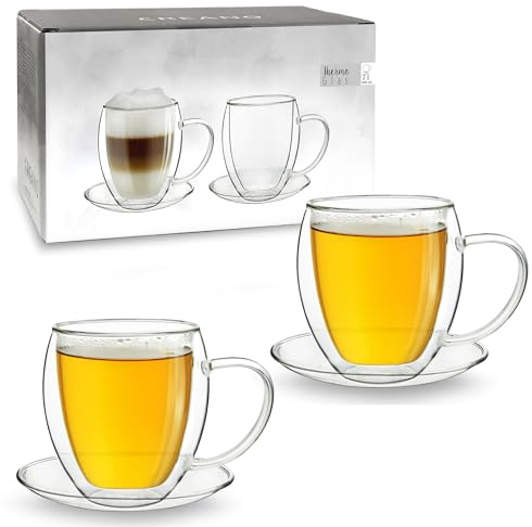Creano 2er-Set Thermotasse, Extra Große doppelwandige Gläser mit Untersetzer, XXL Glastasse mit Henkel | 400ml im Geschenkkarton