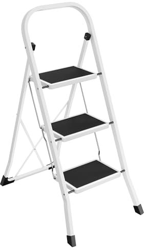 SONGMICS Scaletta, Scala a 3 Gradini, Scaletta Pieghevole, Chiusura di Sicurezza per Piegamento, Facile da Riporre, Portante 150 kg, Bianco Semplice GSL03WT