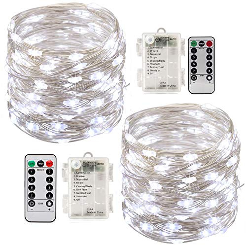 Tonskooners Led String Lights Battery Powered,[2 Pack] Fairy String Lights Battery Operated Waterproof 8 Modes 100 LED 33ft with Remote Control Christmas Decoration Lights (Cool White-10M)