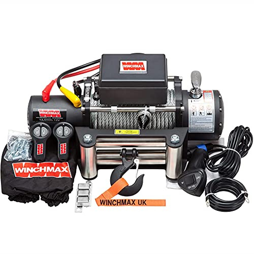 Winchmax 13500 LB / 6123 kg Cabrestante eléctrico de 12v de Grado Militar Serie SL. Cable de Acero de 26 MX 9,5 mm. Gancho con bisagras de 3/8 de Pulgada. Guiacabos de Rodillos de Alta Resistencia.