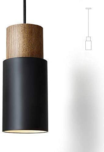 ouglres Black Cylinder Pendant Light,Wood Pendant Lights for Kitchen Island,Durable Metal Shade,Adjustable Breakfast Bar Lights,Industrial E27 Hanging Lamp for Dining Table,Bedroom,1pack