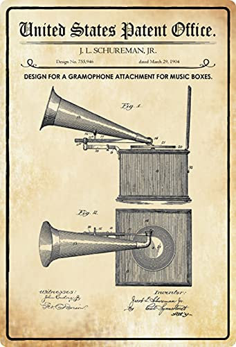 Blechschild 20x30cm gewölbt Patent Grammophon Aufsatz Spieluhren 1904 Deko Geschenk Schild