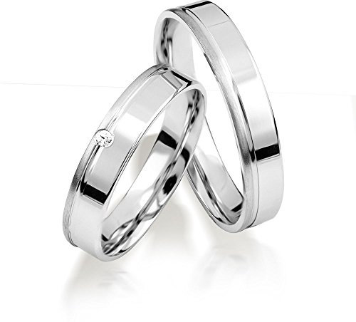 JC Trauringe Gold 750 Paarpreis Weißgold I Traumhafte Eheringe breit 4 mm I Einzigartige Partnerringe mit Gravur in edler Schatulle I 2 Hochzeitsringe Herrenring ohne & Damenring mit Stein I J187