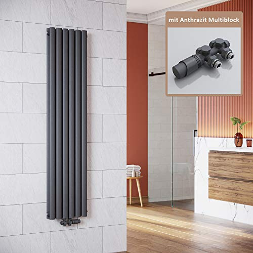 ELEGANT - Radiatore verticale di design, colore: antracite, 1600 x 354 mm, con termostato multiblocco, a doppio strato, collegamento centrale, scaldasalviette