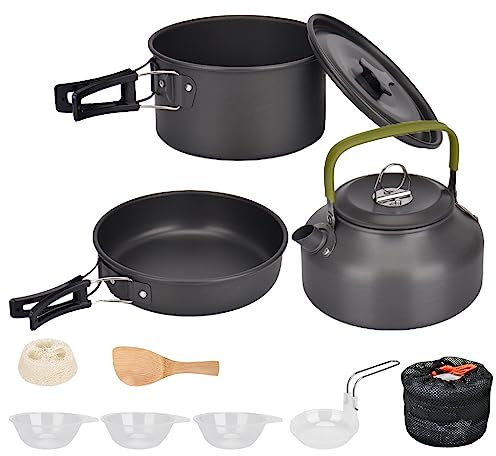 Cozywind Set Pentole da Campeggio 2-3 Persone Pentole per Campeggio in Alluminio 10 Pezzi Kit Pentola e Padelle da Campeggio Portatili Gavetta Campeggio per Escursioni Campeggio All'aperto (Nero)