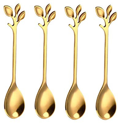 Cucharas de café de acero inoxidable con hojas de hojas de café, cucharillas de postre, agitar, mezclar, azúcar, agitar, helado, pastel, cucharilla de 4.7 pulgadas, color dorado