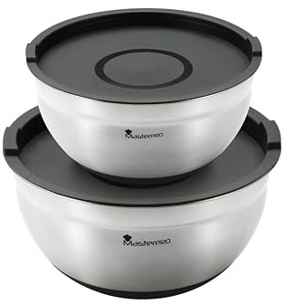 MasterPro FOODIES COLLECTION - Set 4Pzs Bol Mezcla Acero Inox con Tapa - Escala de Medición - Base Antideslizante - Duradero y Estilizado