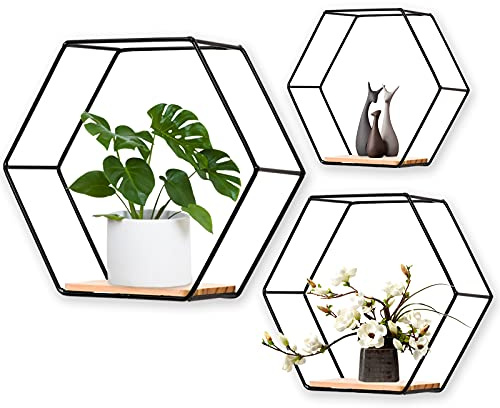 WingFly Hexagon Wandregal Ablage aus Holz Metall, 3 Größen Hängeregal Schweberegal Gitterregal Wanddeko Dekorative Regale für Wohnzimmer Schlafzimmer Küche
