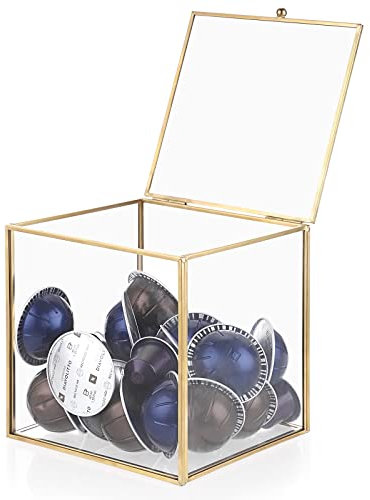 ELLDOO Soporte para cápsulas de café de vidrio dorado, caja de almacenamiento de cápsulas de café con tapa, bolsas de té, bolsas de azúcar, organizador de escritorio de cocina, 15 x 15 x 15 cm