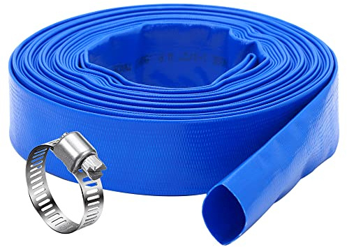 DAVCO 1.25 x 100 ft Pool Backwash Hose, Heavy Duty Reinforced Blue PVC Lay Flat Water Discharge Pump Hoses For Swimming Drain Pools and Clean Filters,with 1 Clamp