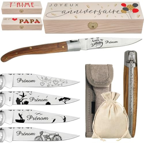 Gravure Events - Couteau Pliant Personnalisé en Frêne avec Prénom Gravé - Cadeau pour Homme ou Femme : Fête des Pères, Fête des Mères, Papa, Papi, Papy, Maman, Anniversaire, Noël