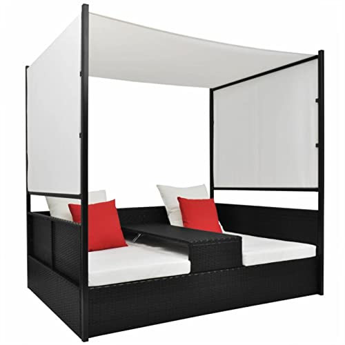 Yumeng Gartenbett mit Baldachin, Liegen, Sonnenliege, Liegeinsel Outdoor, Outdoor Bett, Doppelliege, Gartenliege, Daybed Outdoor, Schwarz 190×130 cm Poly Rattan