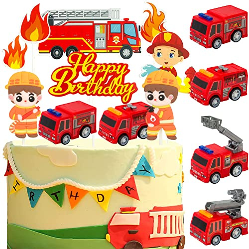 HGSHUO Feuerwehrauto Tortendeko Feuerwehrmann Kuchen Deko Geburtstag Feuerwehr Cake Topper Happy Birthday Torte Deko Kindergeburtstag Cupcake Topper Geburtstagsdeko Kuchendeko Auto