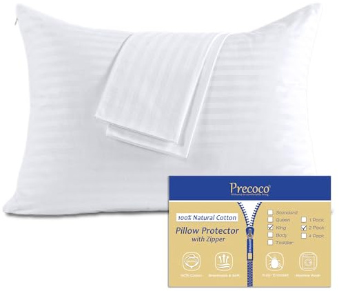 100% Cotton King Pillow Protectors with Zipper, White Pillow Cases King Size Set of 2 for Home & Hotel, Sateen Soft Cooling Hidden Zippered Pillow Case Protector for Hair & Skin, 20x36 in
