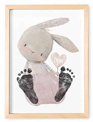 Baby Fußabdruck Bild personalisiert mit Hase fürs Babyzimmer | Personalisiert, DIN A4, Tierbild mit Hase, Bild für Fußabdrücke, Babyzimmer Deko, Geschenk zur Geburt