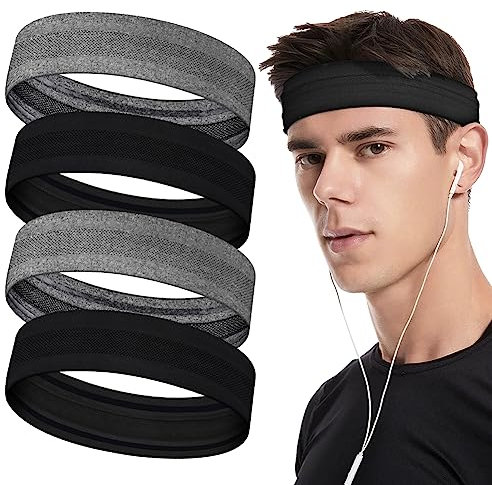 LOPHE Sport Haarband, 4 Stück Stirnband Damen und Herren, Schweißband Stirn Sommer, Double Sided Feuchtigkeit Wicking rutschfest Headband, Haarbänder für Yoga, Laufen, Radfahren（4 PCS–Dunkel）