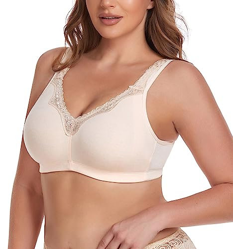 Ayigedu Women's Wireless Plus Size Lace Comfort Cotton Bra Full Coverage Unlined Minimizer Bra 34F Beige