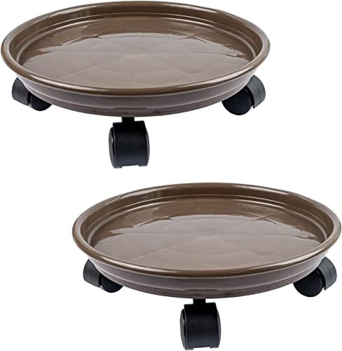 2Pcs Plant Caddy,Planter Pot Mover, Plant Pot Pallet Dolly Caster with Universal Wheels, Round Movable Planter Dolly Trolley Tray Pallet Outdoor Indoor Tree Flower Stand Planter (15.5 inch+2pcs+brown)