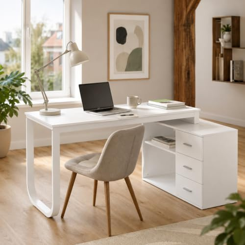 PREMTURE Schreibtisch Weiß mit 3 Schubladen und Regal, Computertisch mit Stauraum, Arbeitstisch für Homeoffice, Jugendzimmer und Büro, 140 x 105 x 75 cm