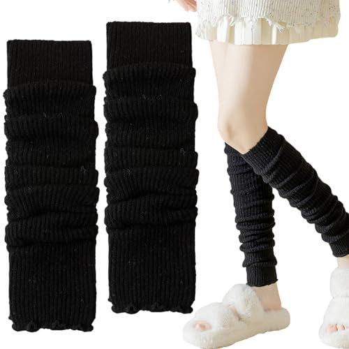 WTpin 1 Paar Warme Stulpen Damen Mit Wolle, Hohe Fußlose Kniestrümpfe, Weiche Winter Stulpen Damen In Zopfmuster, Stulpen Damen Aus Baumwolle, Warme Winter-Stiefelmanschetten, 45cm(Schwarz)