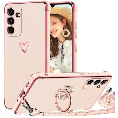 TVVTPU Handyband für Samsung Galaxy S24 5G Hülle mit Band, Herz Muster Handyhülle mit Ring Ständer Stoßfeste Kratzfest TPU Bumper Outdoor Schutzhülle Case mit Kordel zum Umhängen (Abnehmbar), Rosa