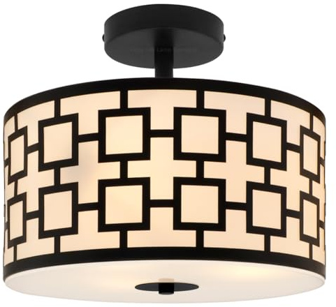 Art Deco Frosted Glass Ceiling Light Flush Mount Opal Arcylic Drum Lamp Shade Black Chequered H3124