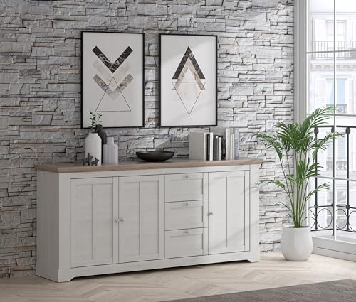 Forte ILOPPA Sideboard mit 3 Schubladen und 3 Türen, Holzwerkstoff, Snowy Eiche/Nelson Eiche, B x H x T: 204,7 x 92,5 x 44,3 cm