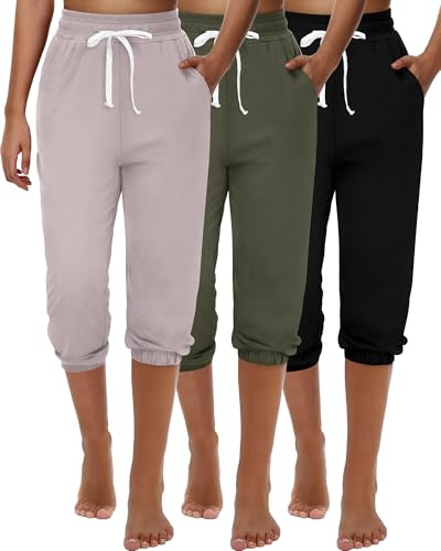 Ficerd 3 Pezzi Pantaloni della Tuta Capri da Donna Pantaloni da Jogging Estivi Casual Sportivi Cropped Pantaloni da Salotto a Vita Alta Sportivi con Tasche(Nero, Verde Militare, Cachi Chiaro,Medium)