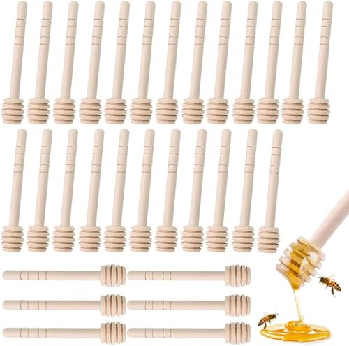 WSAMJIN 30 Stück Honiglöffel Holz Set, Mini Holz Honigstab, Marmelade Honigheber Honigspirale Dosierer für Hochzeit, Geburtstag Babydusche, Weihnachten Party, Dessert Werkzeug (10cm)