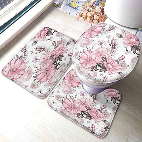Set 3 Teilig Badvorleger Aquarell Blume Rosa Blumen Blume Und Blätter Auf Weiß Badgarnitur Badematten Langlebige Wasserabsorbierend Fußmatte, Für Wohnzimmer, Wc-Sitz Bezug