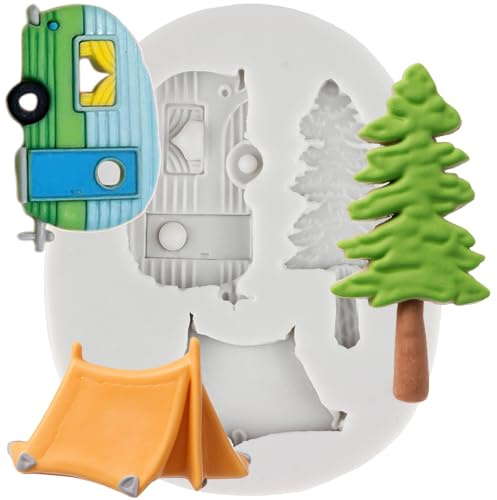 MINFEIDMS Camping Zelt Silikonformen Baum Fondantformen Auto Form | Sugarcraft Schokoladen Süßigkeiten Kuchen Dekorieren Cupcake Topper Gummi Paste Polymer Clay