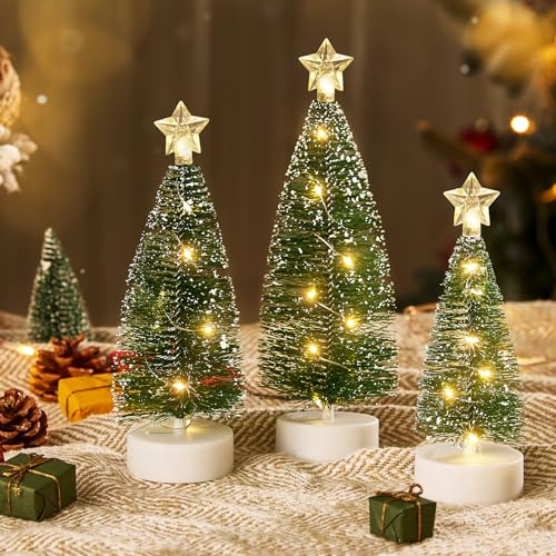 Warmiehomy 3pcs Mini Christmas Tree with Lights Table Top Artificial Christmas Trees Decoration Indoor Christmas Ornaments Baubles LED Xmas Trees for Home Office Living Room Bedroom Table Decoration