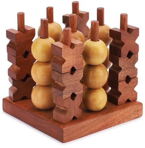 Ajuny 3D Tic Tac Toe Holz Brettspiel für Familie Reise Deko & Geschenkidee | Handgefertigtes Strategiespiel für 2 Spieler ideal für Reisen drinnen und draußen Dekor