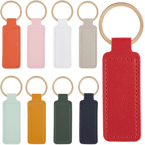 SUNNYCLUE 18 Schlüsselanhänger aus PU-Leder, 9 Farben, blanko, lose, rechteckig, bunt, mit Ring aus vergoldetem Eisen, für Schlüsselanhänger, Prägung, Bastelzubehör