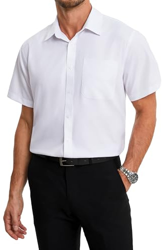 HISDERN Camisa Blanco Hombre Manga Corta Vestir Formal Verano Camisas Traje Hombre Elegante Casual Regular Fit con Botónes 3XL