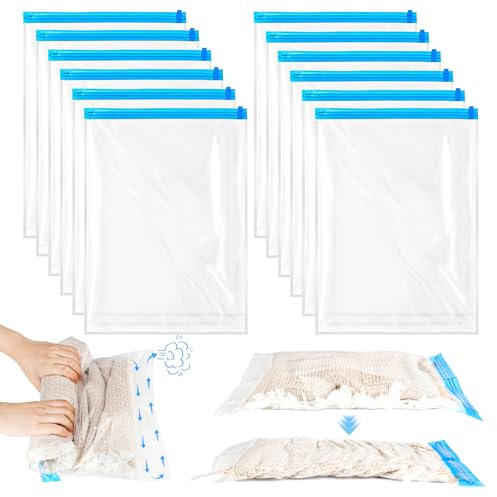 12 Stück Vakuumbeutel für Kleidung, Vakuumbeutel Reise Set Klein 35x50cm | Wiederverwendbar Kompressionsbeutel Reise, Ohne Staubsauger Vakuumbeutel für Reise Zubehör, Kleidung zum Rollen