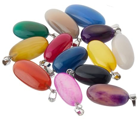 SUPERFINDINGS 20 Stück 10 Farben Oval Naturstein Anhänger Rosenquarz Opal Achat Polierte Edelstein Kristalle Charms Chakra Achat Stein Anhänger Für Halskette Schmuck Basteln
