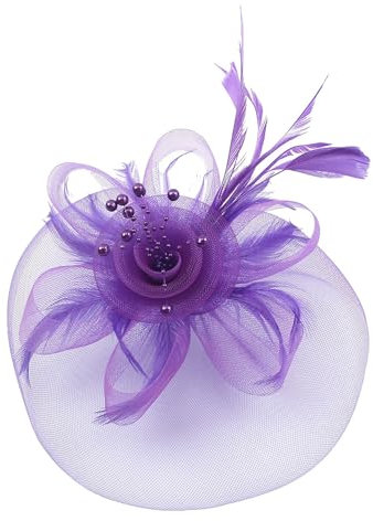 Damen Fascinator Hut Vintage Schleier Hut Blumen Mesh Feder Stirnband Braut Kopfschmuck Haarschmuck HaarClip Hut Kopfbedeckung Party Kirche Hochzeit Cocktail Club Hut Kopfbedeckung für (Purple, 16CM)