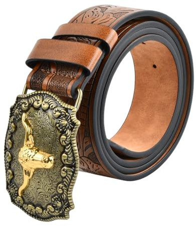 Wisebom Cinturón de Cuero, Cinturon Vaquero Occidental Vaquera Grabado Floral Toro de Cuerno Largo para Hombres Cinturón Occidental con Hebilla Marrón para Hombres Mujeres (Largo: 130 cm)