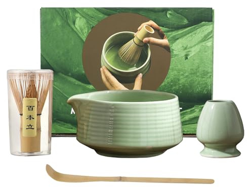 Matcha Kit – Té Matcha Kit de 4 Piezas para la Ceremonia del Té: Cuenco de Cerámica con Pico Vertedor, Batidor de Bambú con Soporte, Cuchara para Matcha – Clásico Regalo Verde para la Ceremonia del Té