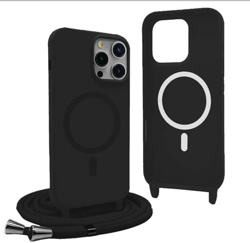 YFSYLL Handykette Hülle für iPhone 12 Pro mit Band,Magnetische Silikon Handyhülle Kompatibel mit MagSafe,Handyhülle für zum Umhängen Einstellbar und Abnehmbar - Schwarz