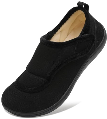 JOINFREE Men's Slippers Wide Fit Adjustable Comfortable House Shoes with Back Heel, Zero-Drop Non-Slip Slippers for Swollen Feet, Sensitive Feet, Indoor Outdoor Walking Black 10