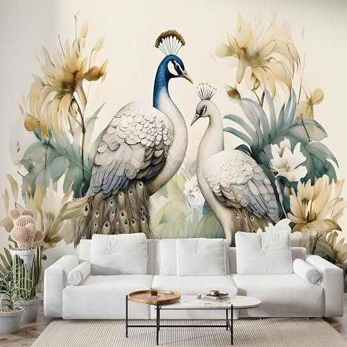 Boceoey Papier Peint Panoramique Paon Feuilles De Palmier 3D - Motif Plantes Tropicales Oiseau - Décoration Murale pour Salon & Chambre, Intissé Autocollant Papier Mural, 100x70 cm S-855